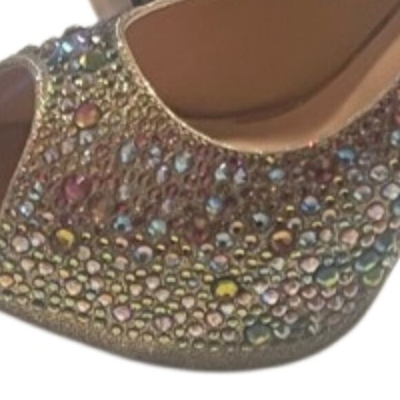 Valiant Celine Gold Multicolor Embellished Peep-Toe Heels Size 7 NWOB - Picture 8 of 13